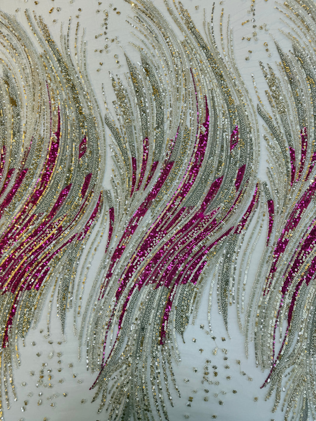Luxury Multicolor Wave Sequin Fabric – Fuchsia, Silver & Gold Beaded Tulle