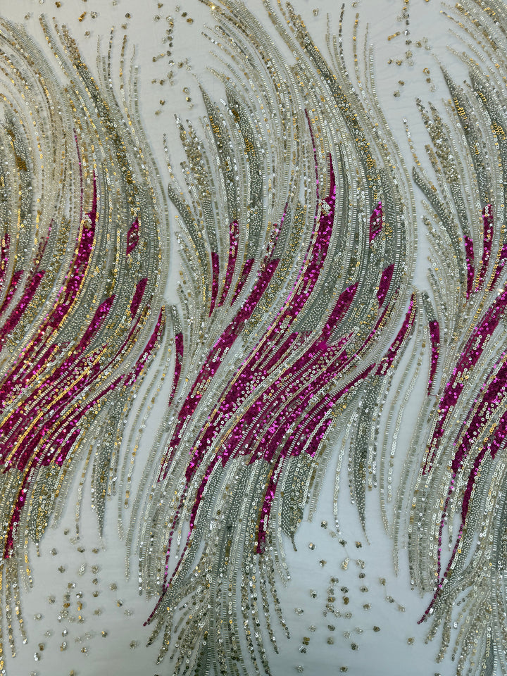 Luxury Multicolor Wave Sequin Fabric – Fuchsia, Silver & Gold Beaded Tulle
