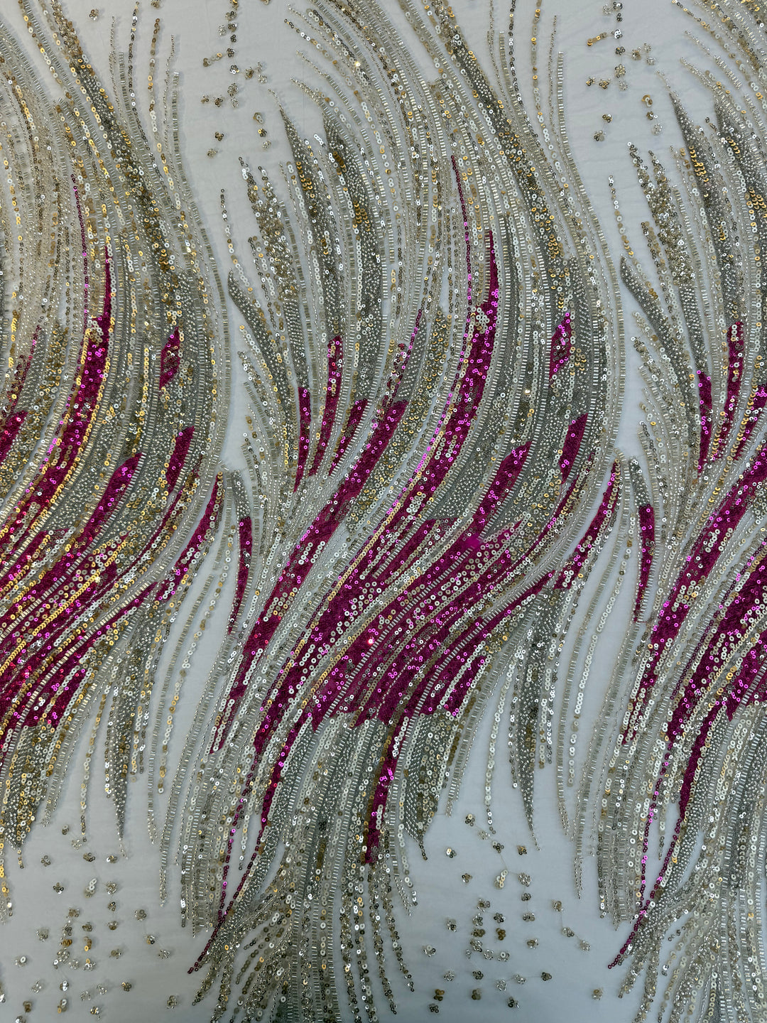 Luxury Multicolor Wave Sequin Fabric – Fuchsia, Silver & Gold Beaded Tulle