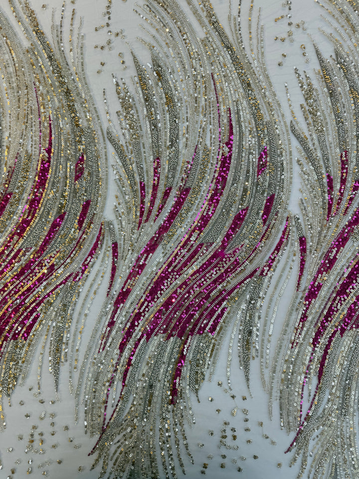 Luxury Multicolor Wave Sequin Fabric – Fuchsia, Silver & Gold Beaded Tulle