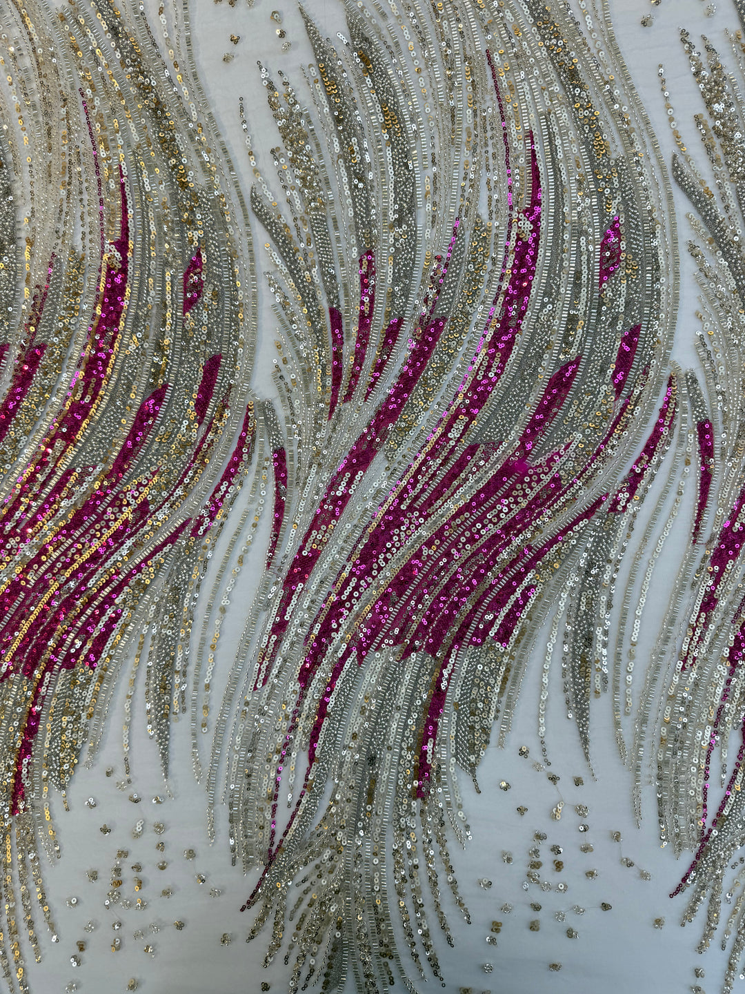 Luxury Multicolor Wave Sequin Fabric – Fuchsia, Silver & Gold Beaded Tulle