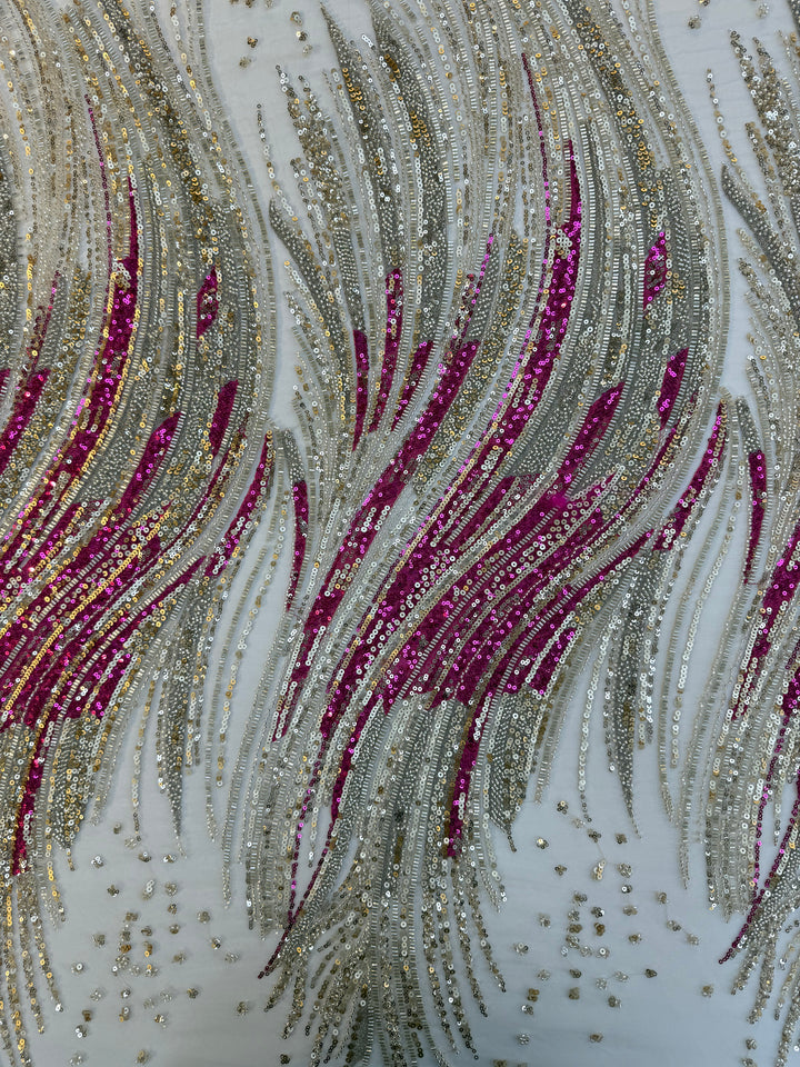 Luxury Multicolor Wave Sequin Fabric – Fuchsia, Silver & Gold Beaded Tulle