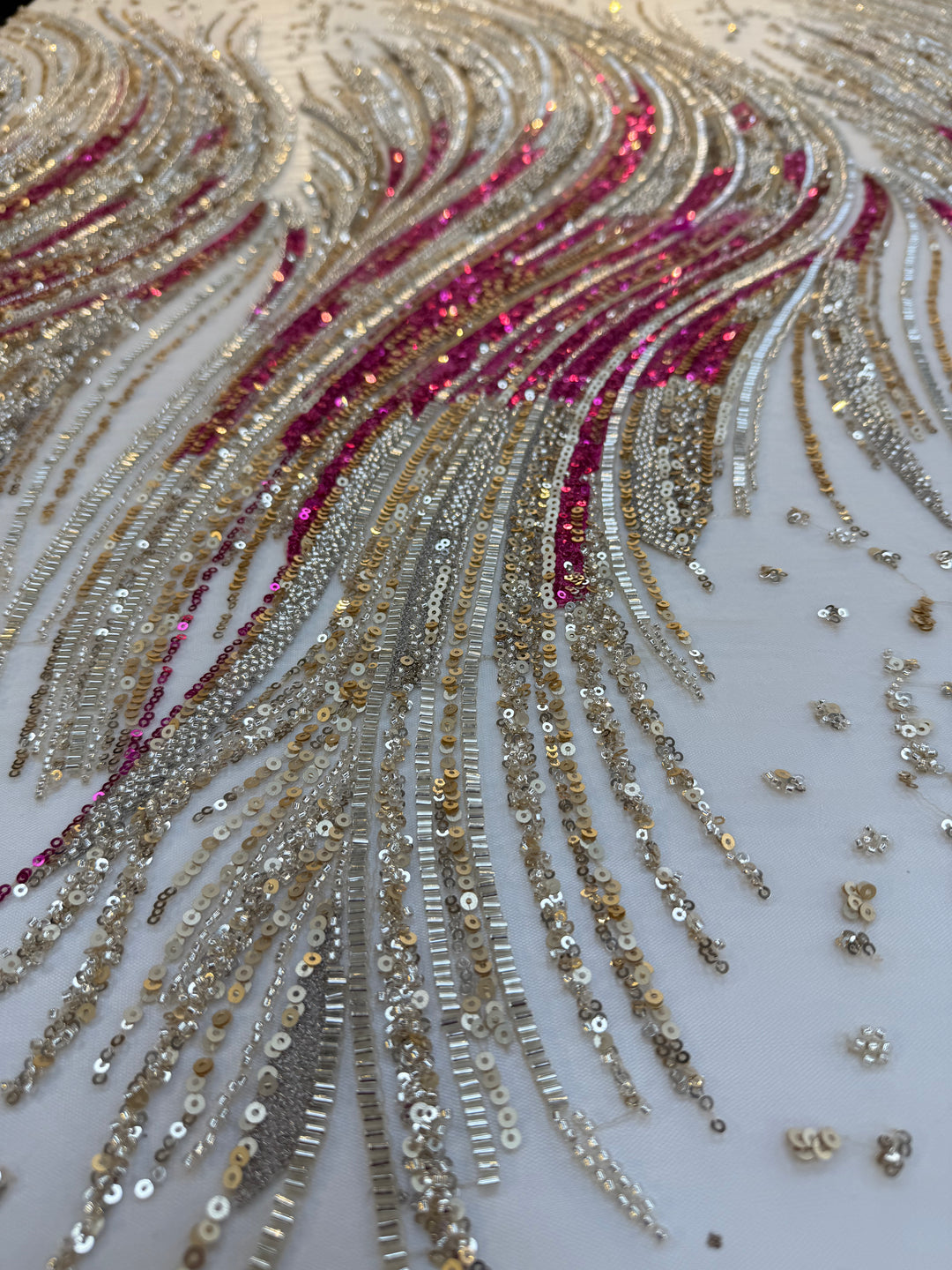 Luxury Multicolor Wave Sequin Fabric – Fuchsia, Silver & Gold Beaded Tulle
