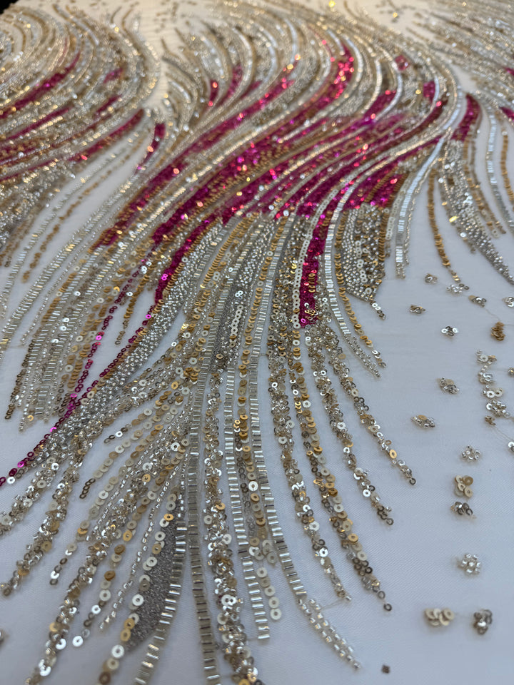 Luxury Multicolor Wave Sequin Fabric – Fuchsia, Silver & Gold Beaded Tulle