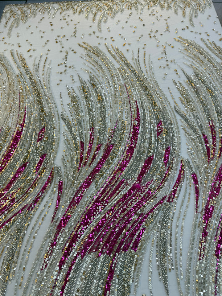 Luxury Multicolor Wave Sequin Fabric – Fuchsia, Silver & Gold Beaded Tulle