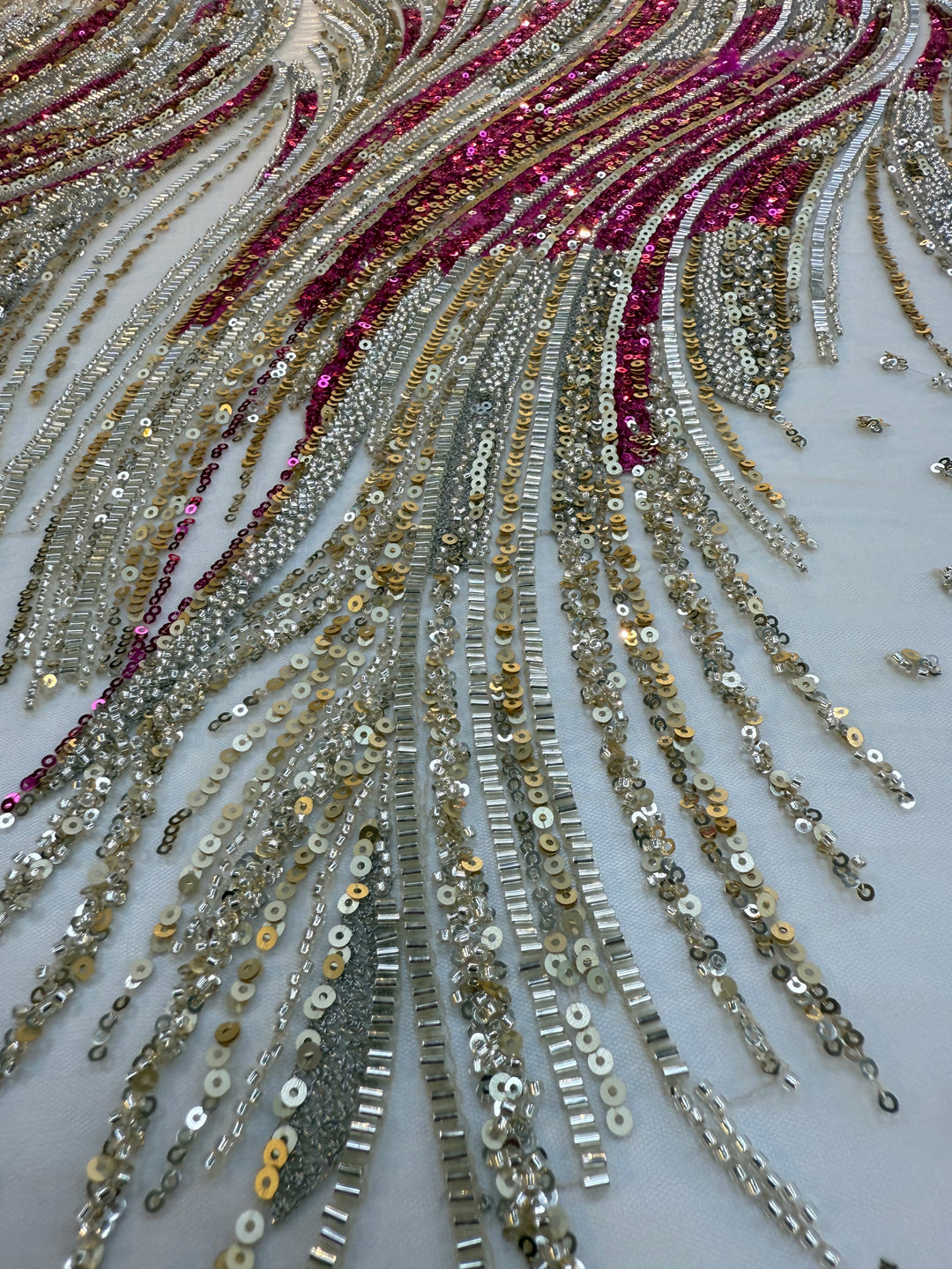 Luxury Multicolor Wave Sequin Fabric – Fuchsia, Silver & Gold Beaded Tulle