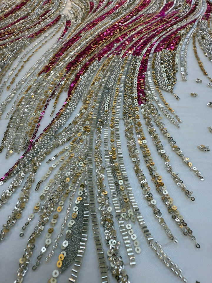 Luxury Multicolor Wave Sequin Fabric – Fuchsia, Silver & Gold Beaded Tulle