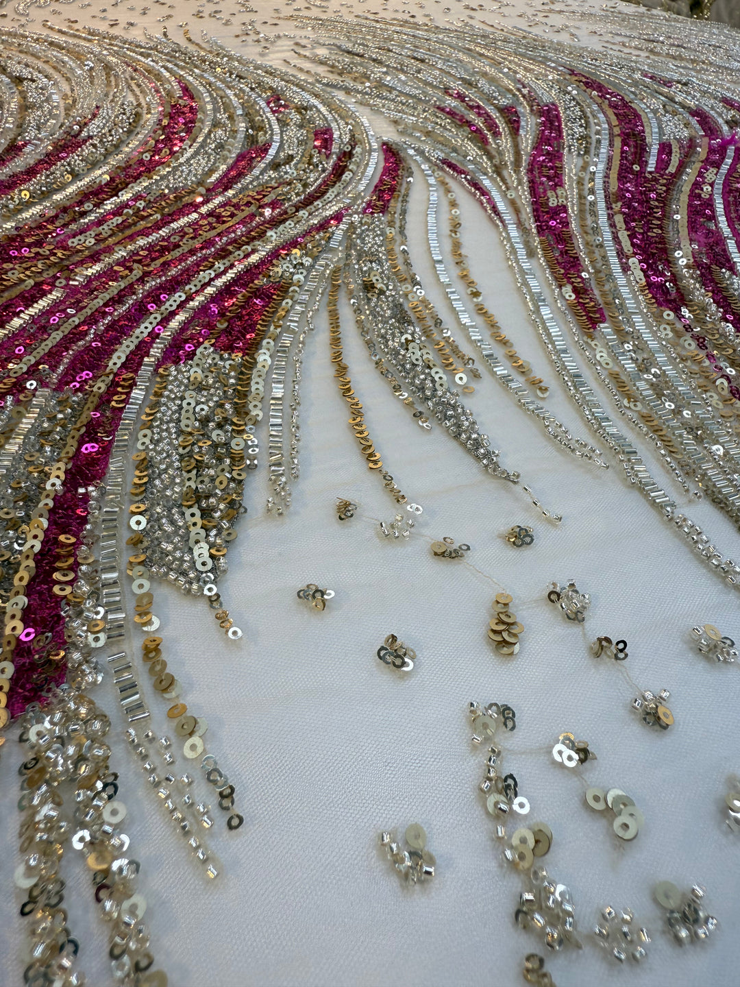 Luxury Multicolor Wave Sequin Fabric – Fuchsia, Silver & Gold Beaded Tulle