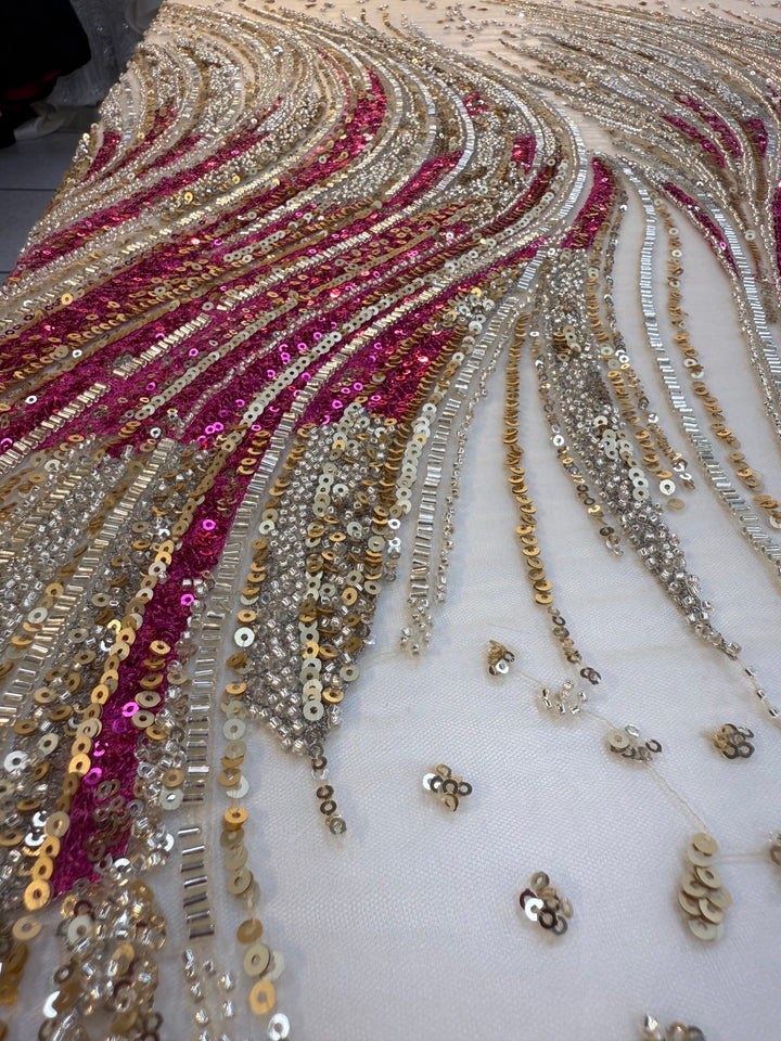 Luxury Multicolor Wave Sequin Fabric – Fuchsia, Silver & Gold Beaded Tulle