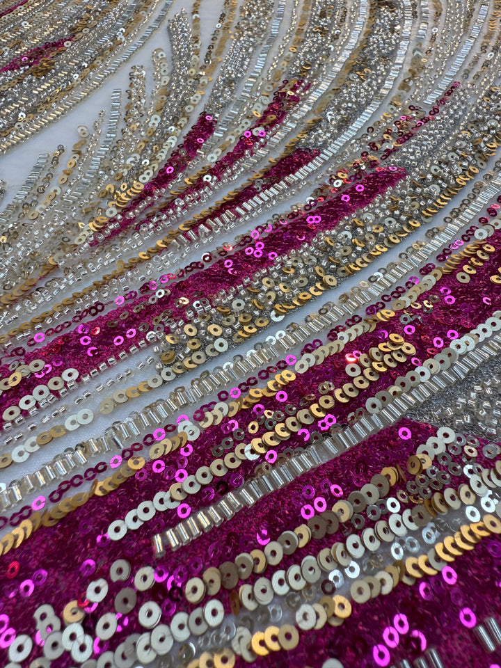 Luxury Multicolor Wave Sequin Fabric – Fuchsia, Silver & Gold Beaded Tulle