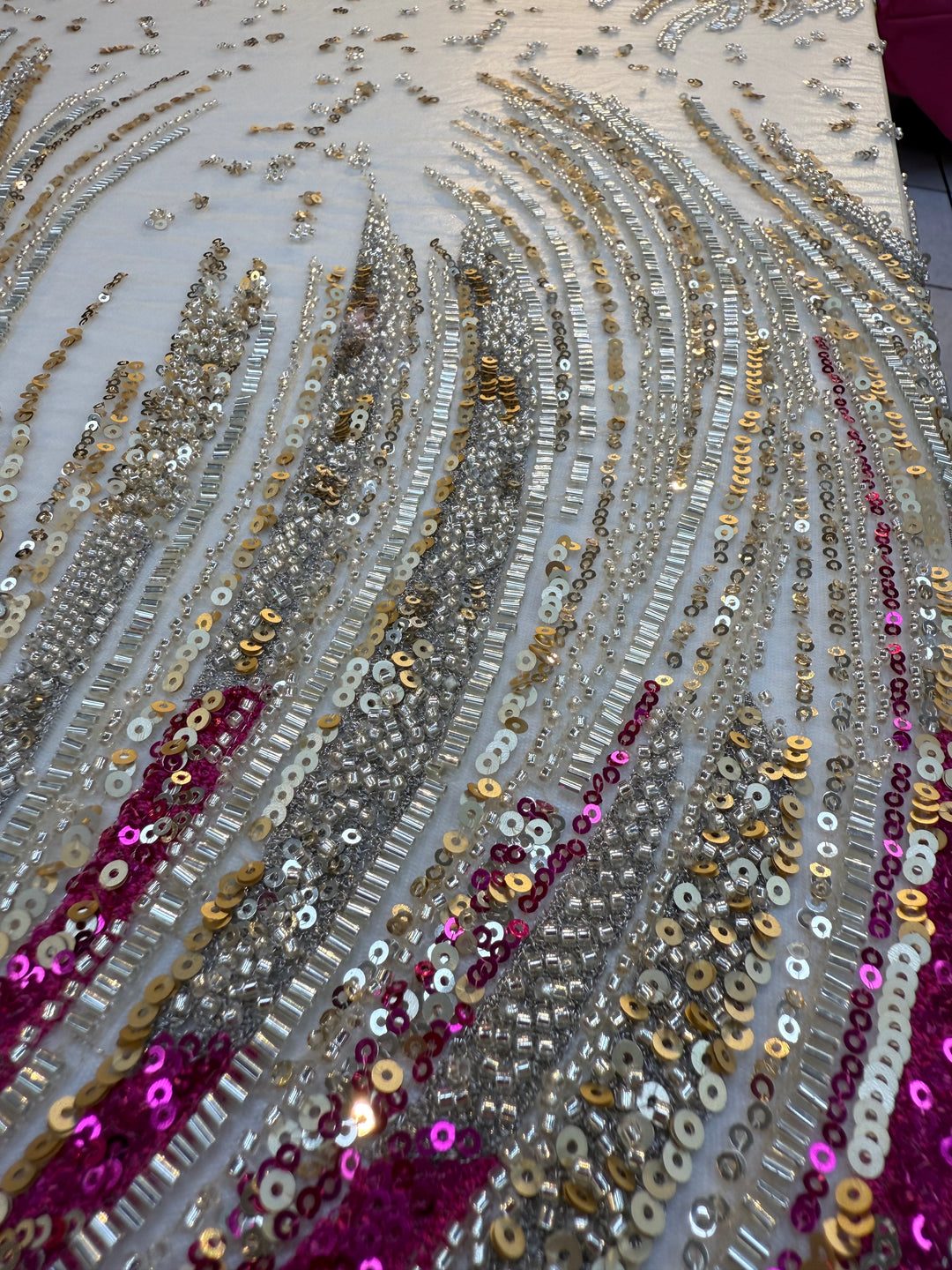 Luxury Multicolor Wave Sequin Fabric – Fuchsia, Silver & Gold Beaded Tulle