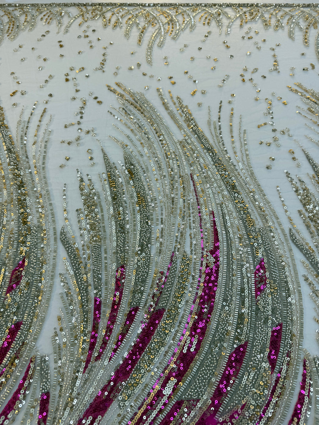 Luxury Multicolor Wave Sequin Fabric – Fuchsia, Silver & Gold Beaded Tulle