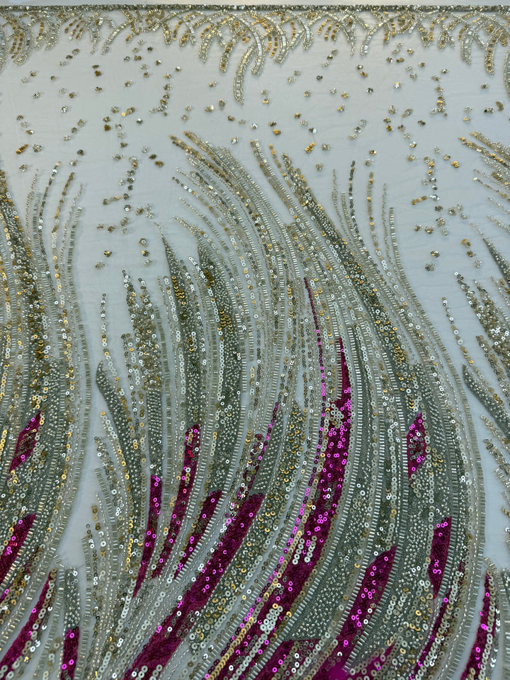 Luxury Multicolor Wave Sequin Fabric – Fuchsia, Silver & Gold Beaded Tulle