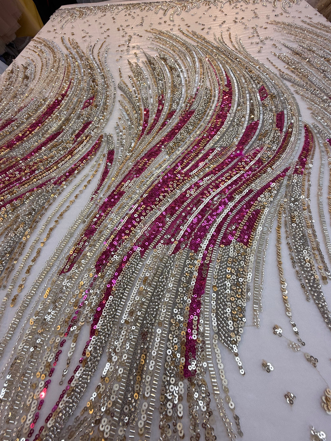 Luxury Multicolor Wave Sequin Fabric – Fuchsia, Silver & Gold Beaded Tulle