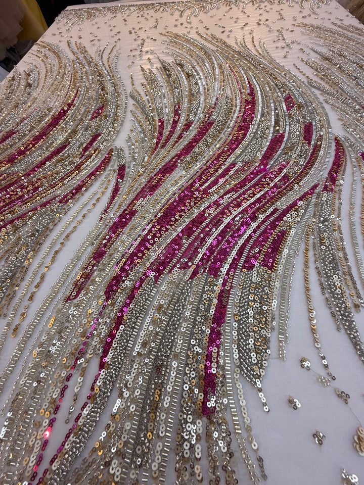 Luxury Multicolor Wave Sequin Fabric – Fuchsia, Silver & Gold Beaded Tulle