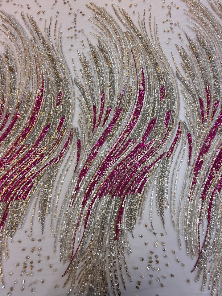 Luxury Multicolor Wave Sequin Fabric – Fuchsia, Silver & Gold Beaded Tulle