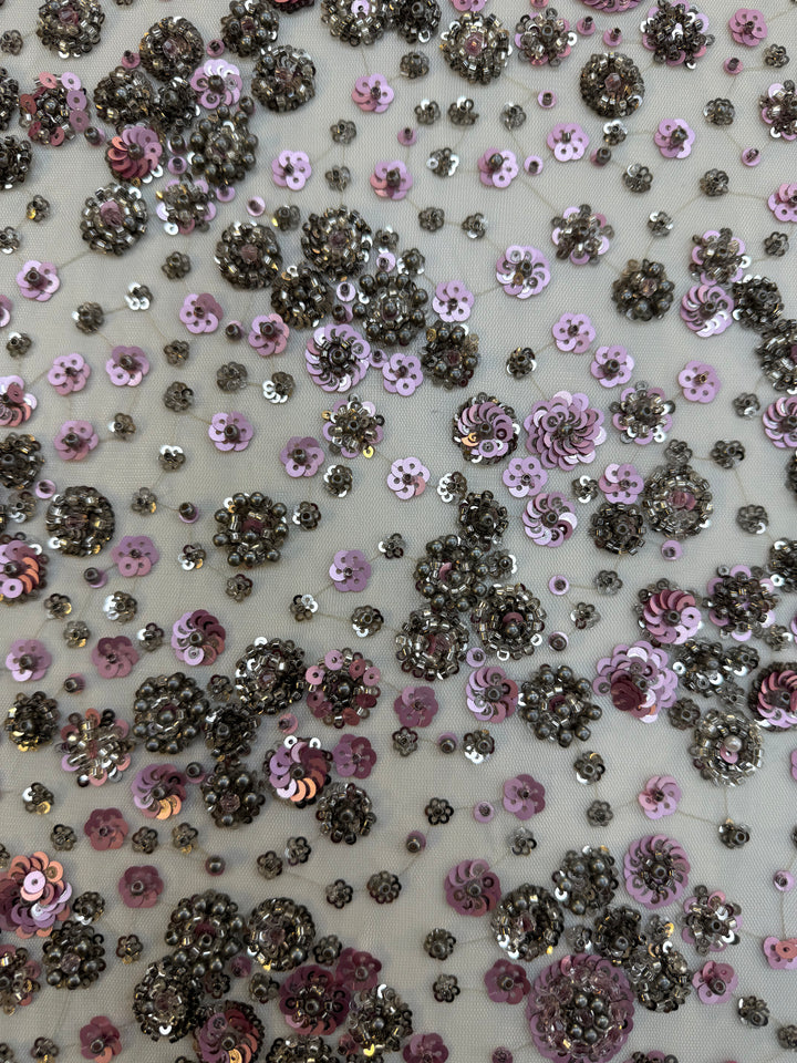 Luxury Lavender Floral Sequin Fabric – Hand-Embroidered with Metallic Beads