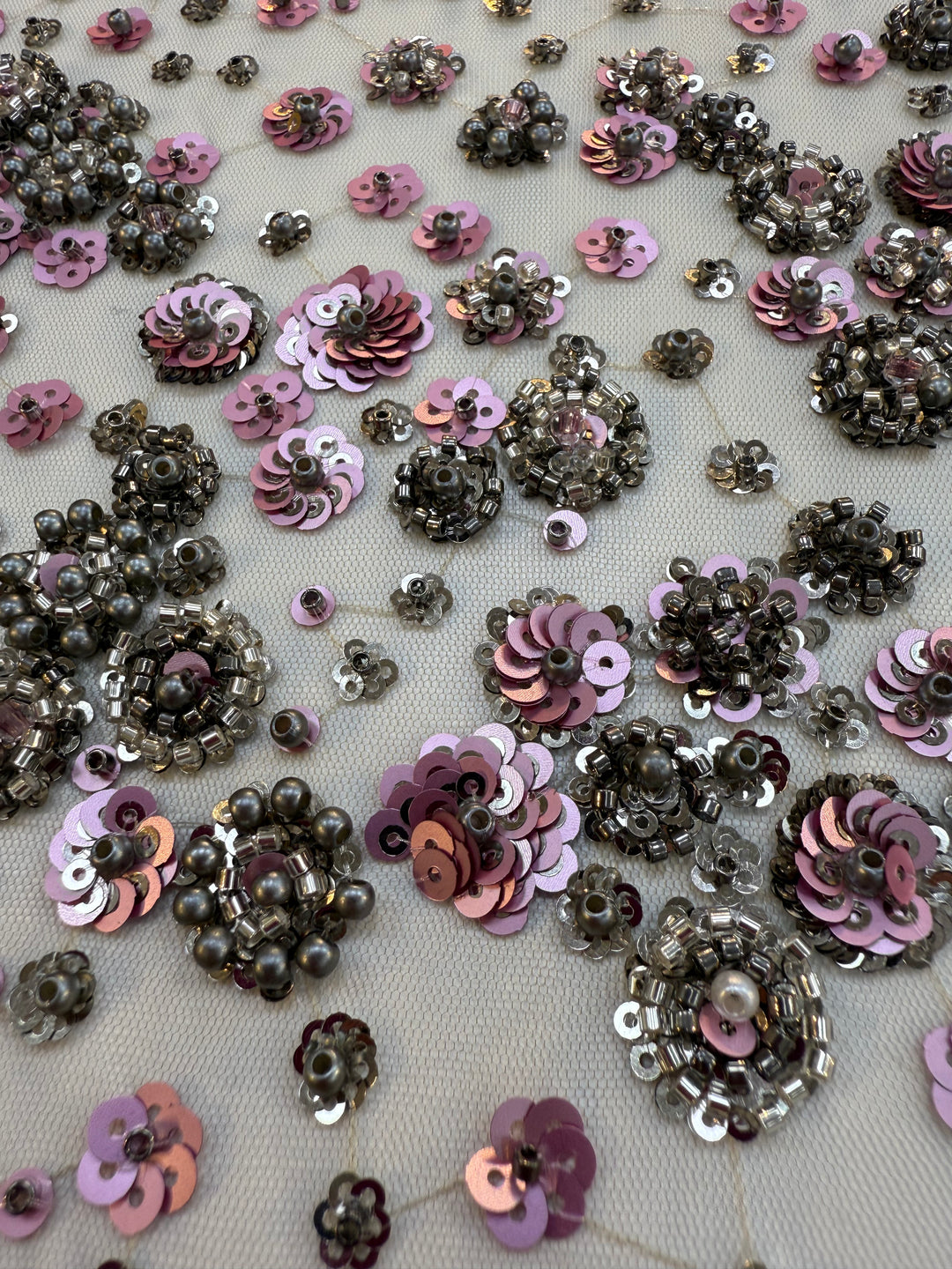 Luxury Lavender Floral Sequin Fabric – Hand-Embroidered with Metallic Beads