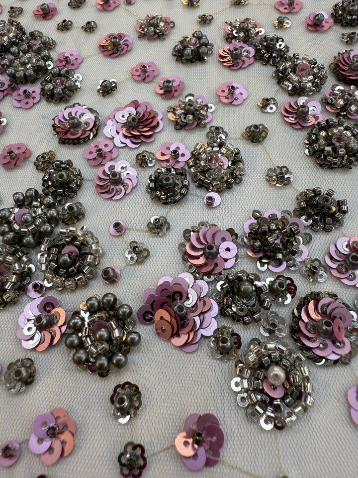 Luxury Lavender Floral Sequin Fabric – Hand-Embroidered with Metallic Beads