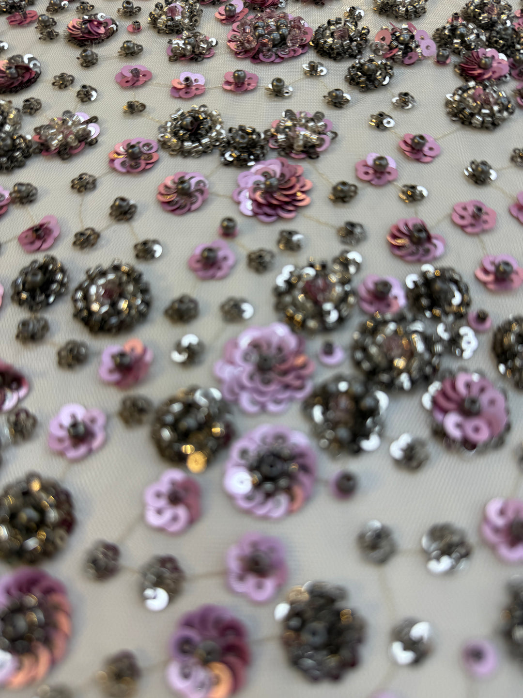 Luxury Lavender Floral Sequin Fabric – Hand-Embroidered with Metallic Beads
