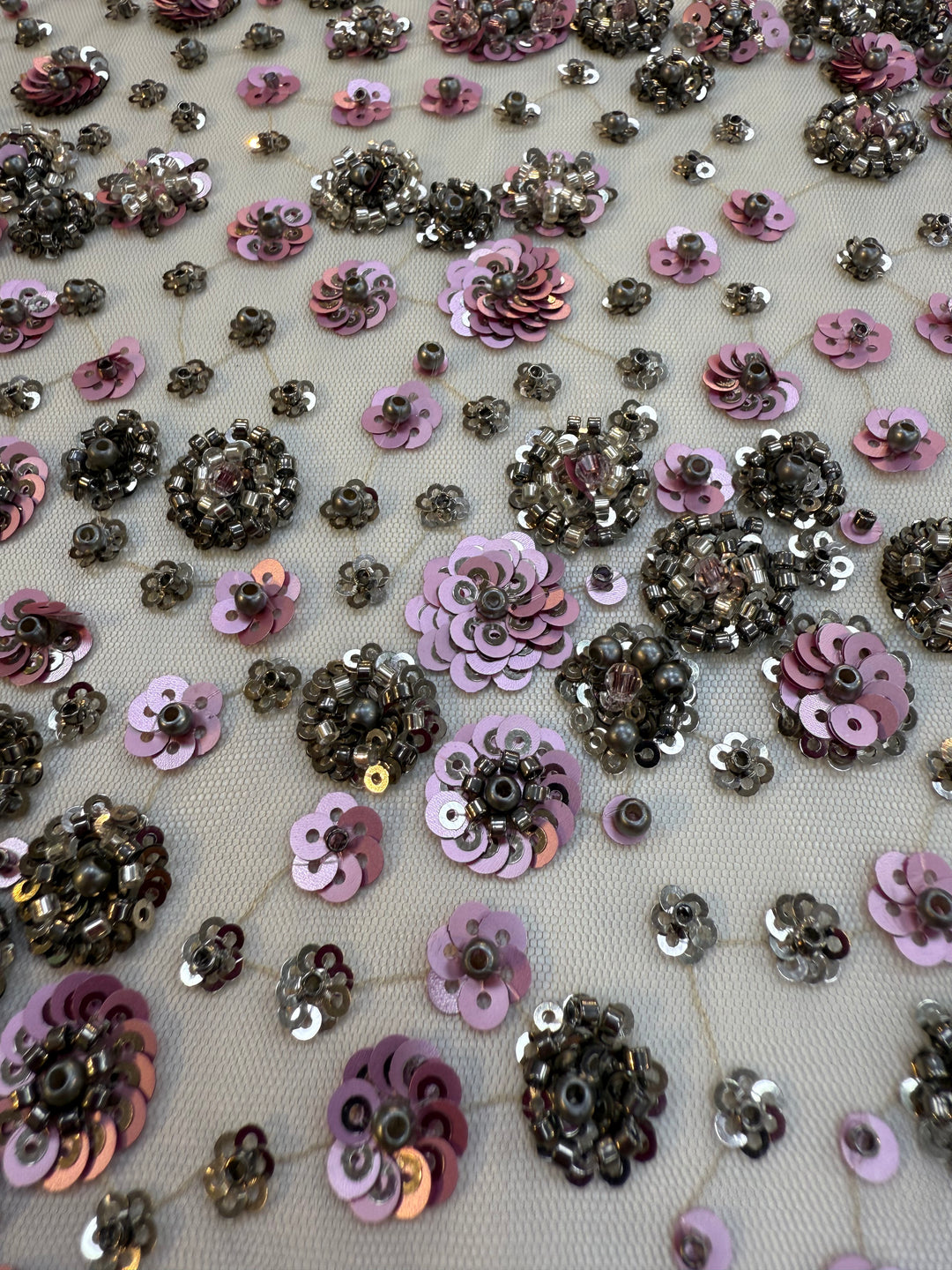 Luxury Lavender Floral Sequin Fabric – Hand-Embroidered with Metallic Beads