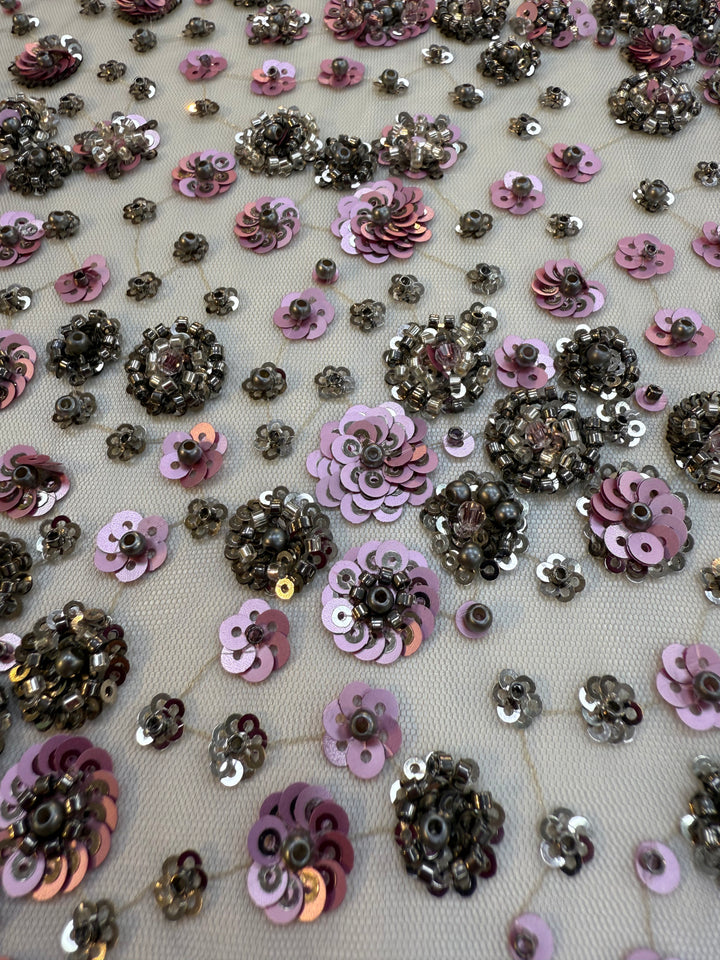 Luxury Lavender Floral Sequin Fabric – Hand-Embroidered with Metallic Beads