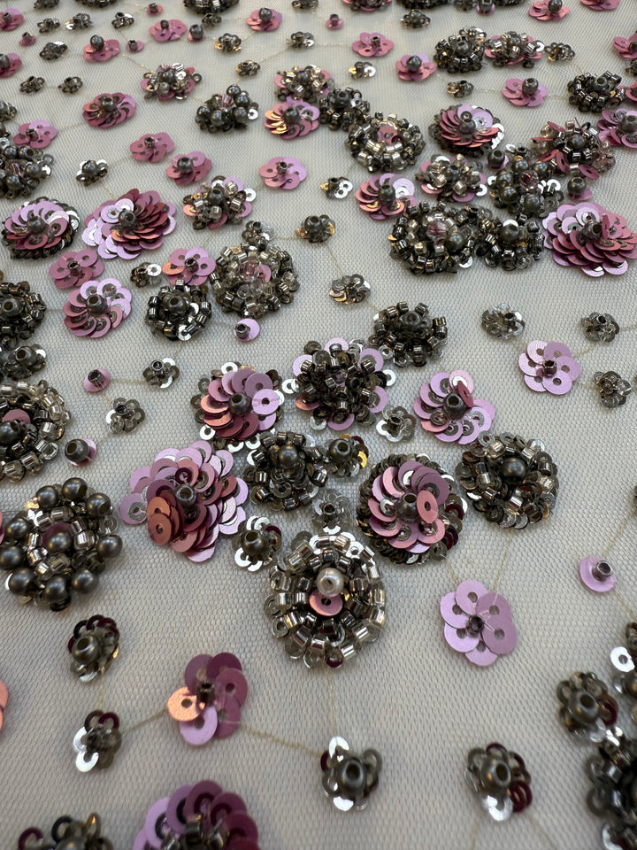 Luxury Lavender Floral Sequin Fabric – Hand-Embroidered with Metallic Beads