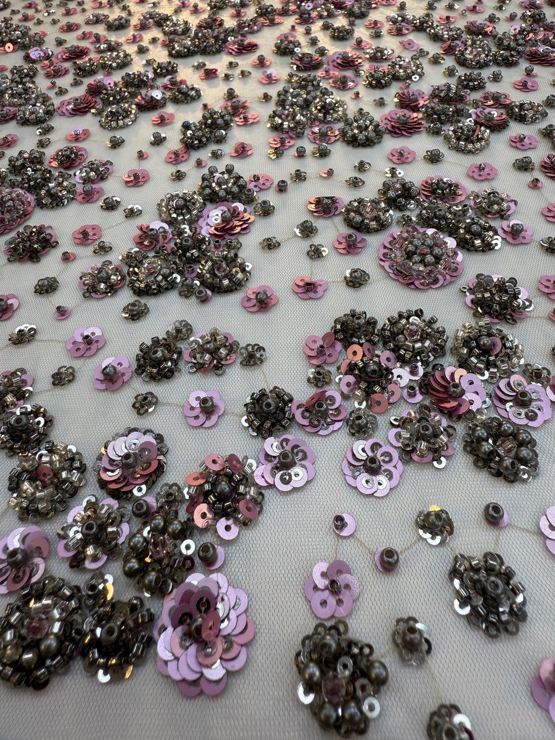 Luxury Lavender Floral Sequin Fabric – Hand-Embroidered with Metallic Beads