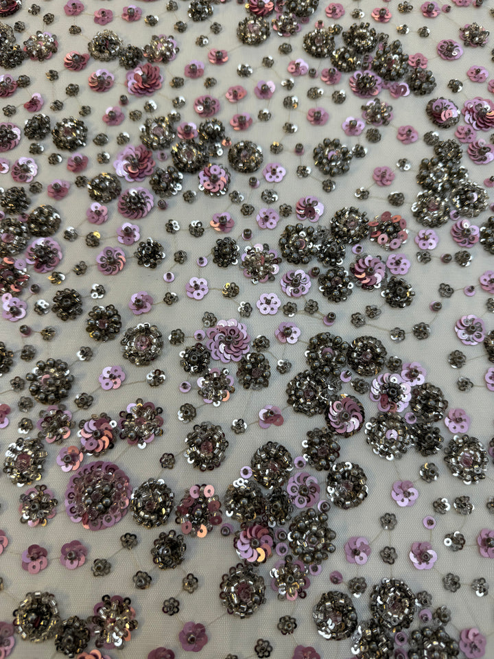 Luxury Lavender Floral Sequin Fabric – Hand-Embroidered with Metallic Beads
