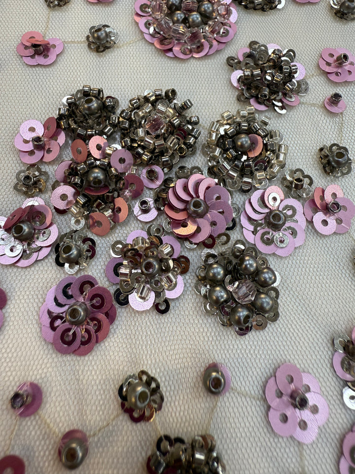 Luxury Lavender Floral Sequin Fabric – Hand-Embroidered with Metallic Beads