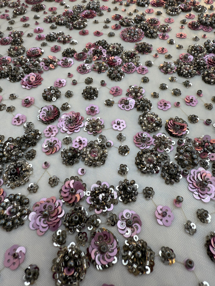 Luxury Lavender Floral Sequin Fabric – Hand-Embroidered with Metallic Beads