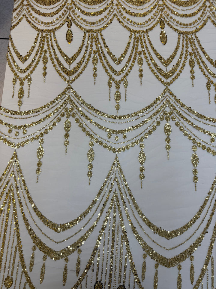 Luxury Gold Sequin Draped Embroidery Fabric – Haute Couture Bridal & Evening Wear (1 Piece = 5 Meter)