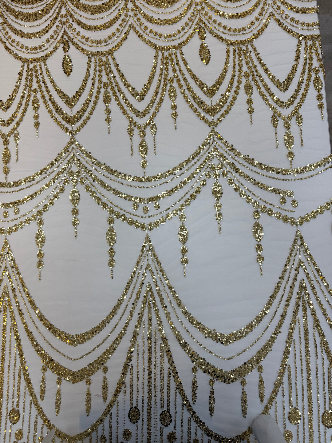 Luxury Gold Sequin Draped Embroidery Fabric – Haute Couture Bridal & Evening Wear (1 Piece = 5 Meter)
