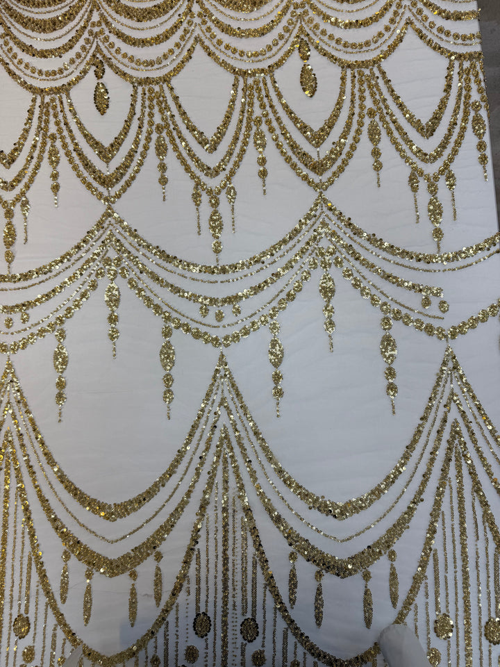 Luxury Gold Sequin Draped Embroidery Fabric – Haute Couture Bridal & Evening Wear (1 Piece = 5 Meter)