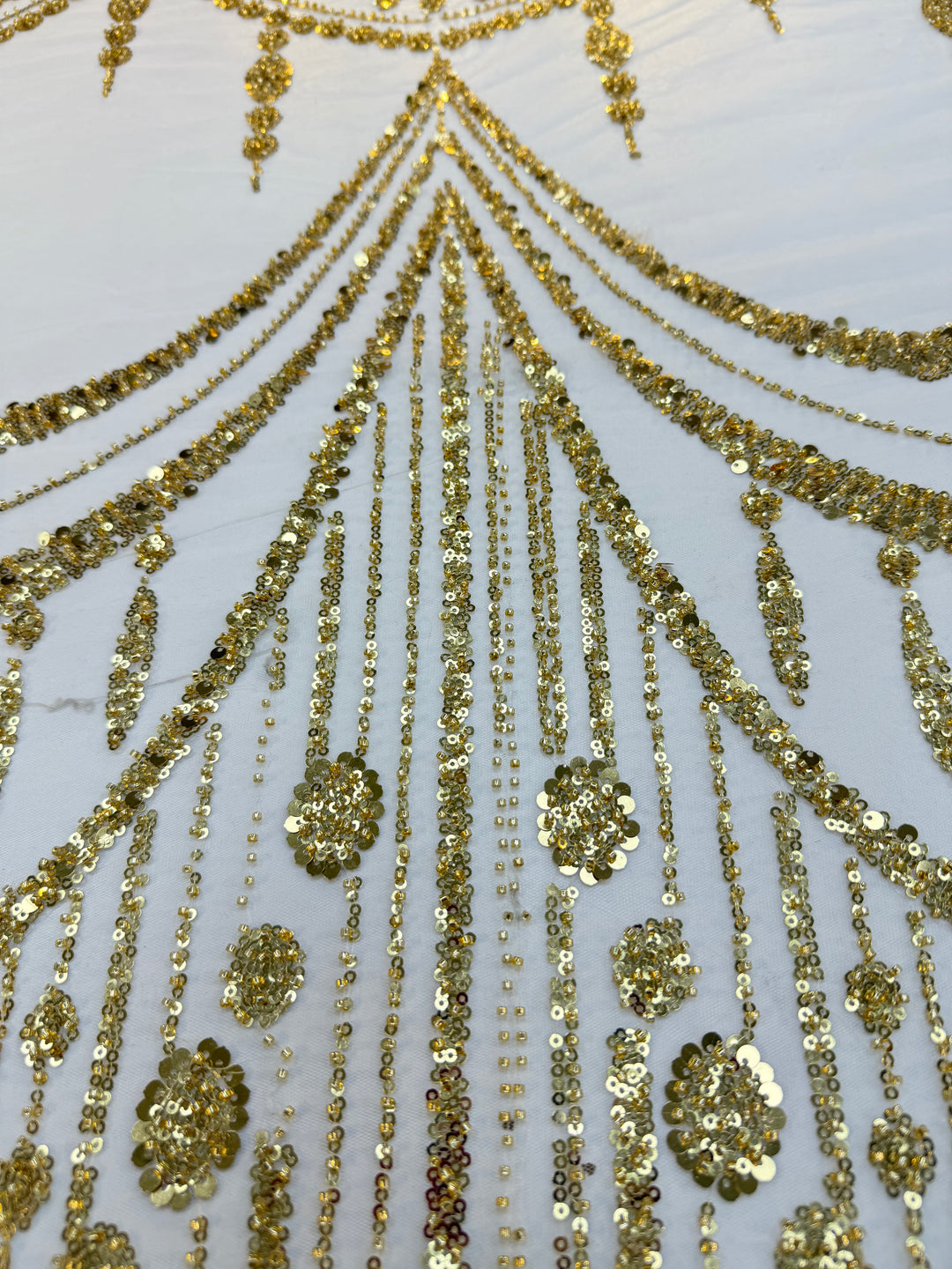 Luxury Gold Sequin Draped Embroidery Fabric – Haute Couture Bridal & Evening Wear (1 Piece = 5 Meter)