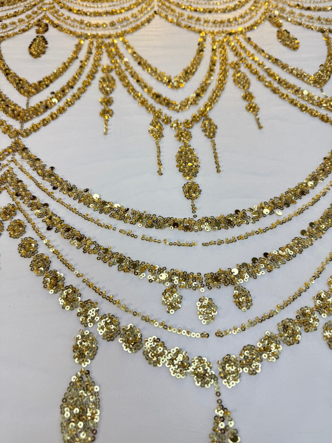 Luxury Gold Sequin Draped Embroidery Fabric – Haute Couture Bridal & Evening Wear (1 Piece = 5 Meter)