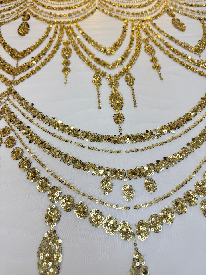 Luxury Gold Sequin Draped Embroidery Fabric – Haute Couture Bridal & Evening Wear (1 Piece = 5 Meter)