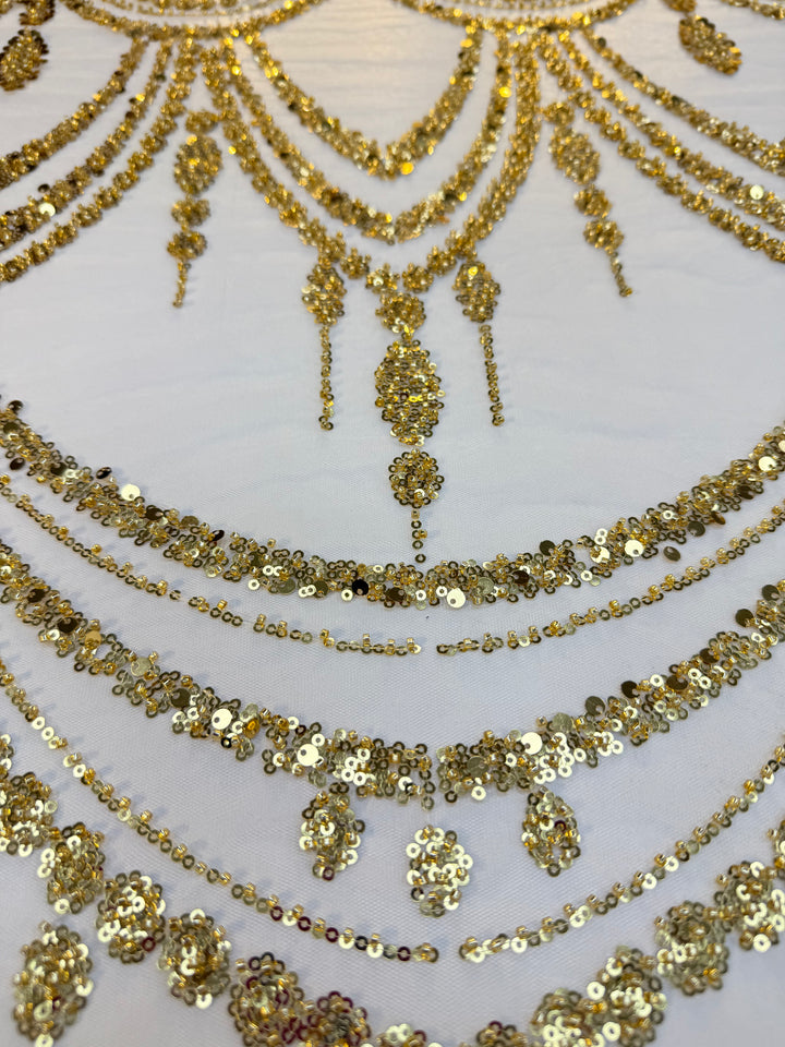 Luxury Gold Sequin Draped Embroidery Fabric – Haute Couture Bridal & Evening Wear (1 Piece = 5 Meter)