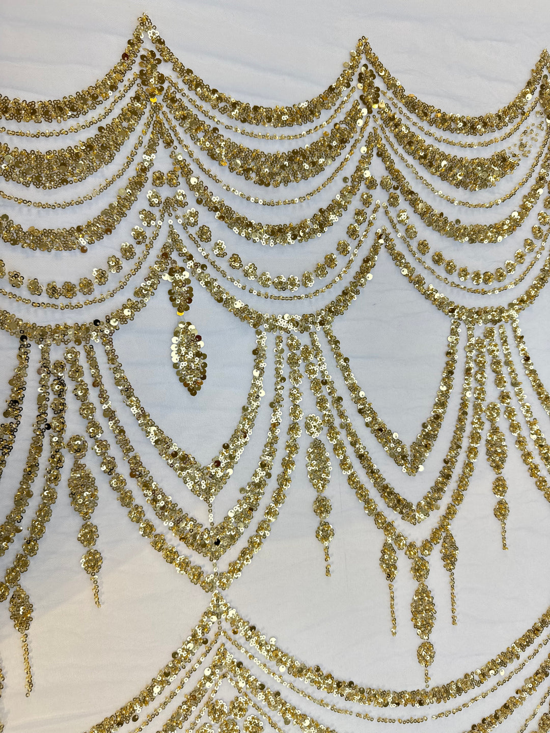 Luxury Gold Sequin Draped Embroidery Fabric – Haute Couture Bridal & Evening Wear (1 Piece = 5 Meter)