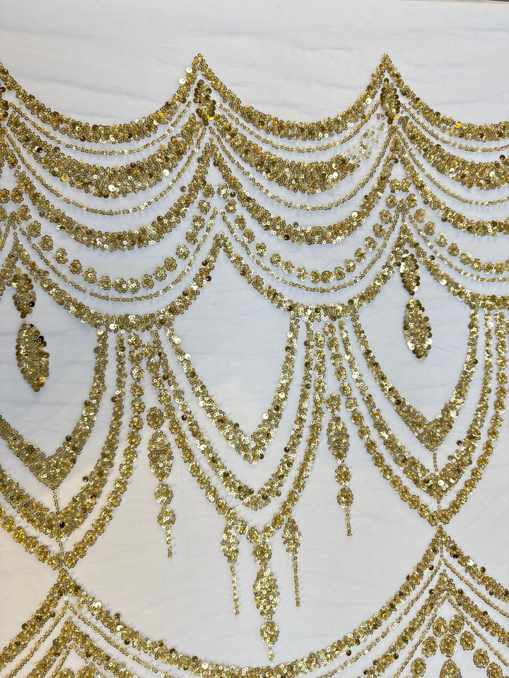 Luxury Gold Sequin Draped Embroidery Fabric – Haute Couture Bridal & Evening Wear (1 Piece = 5 Meter)