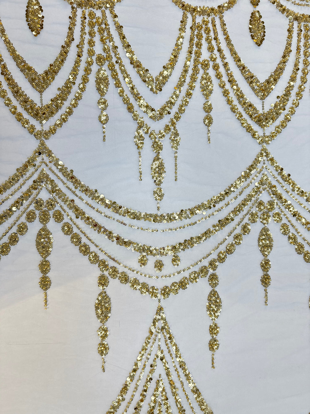 Luxury Gold Sequin Draped Embroidery Fabric – Haute Couture Bridal & Evening Wear (1 Piece = 5 Meter)