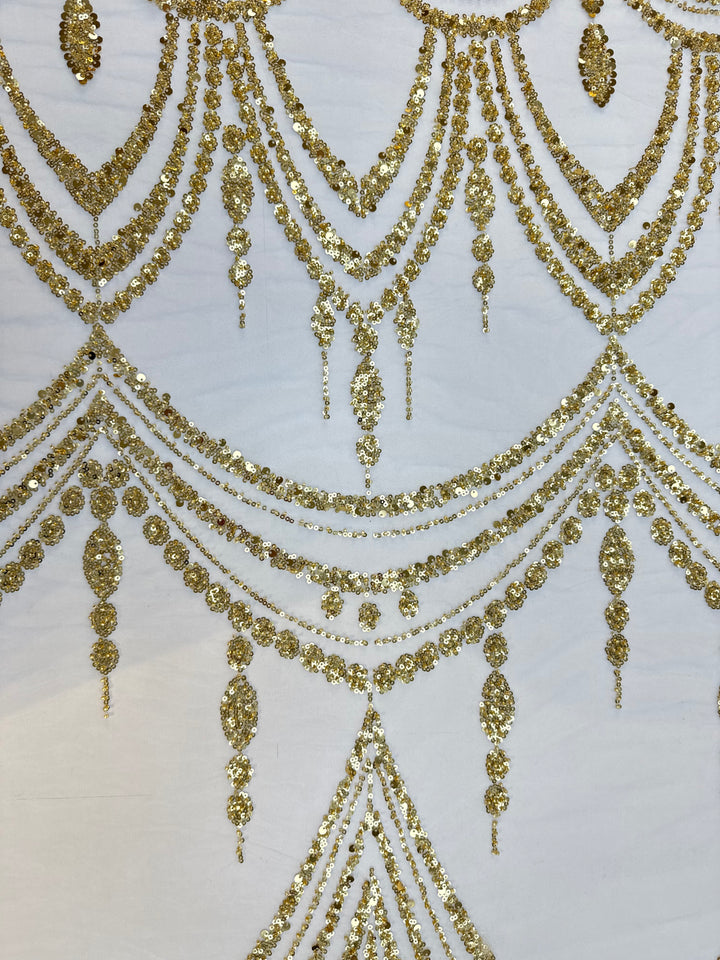 Luxury Gold Sequin Draped Embroidery Fabric – Haute Couture Bridal & Evening Wear (1 Piece = 5 Meter)