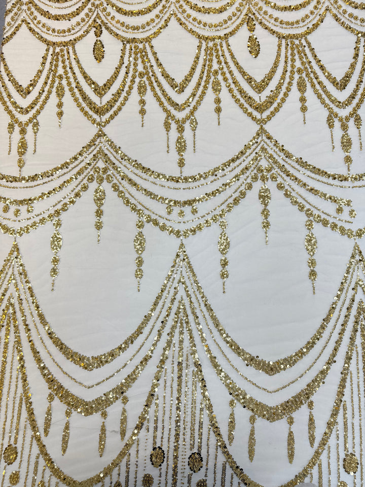 Luxury Gold Sequin Draped Embroidery Fabric – Haute Couture Bridal & Evening Wear (1 Piece = 5 Meter)