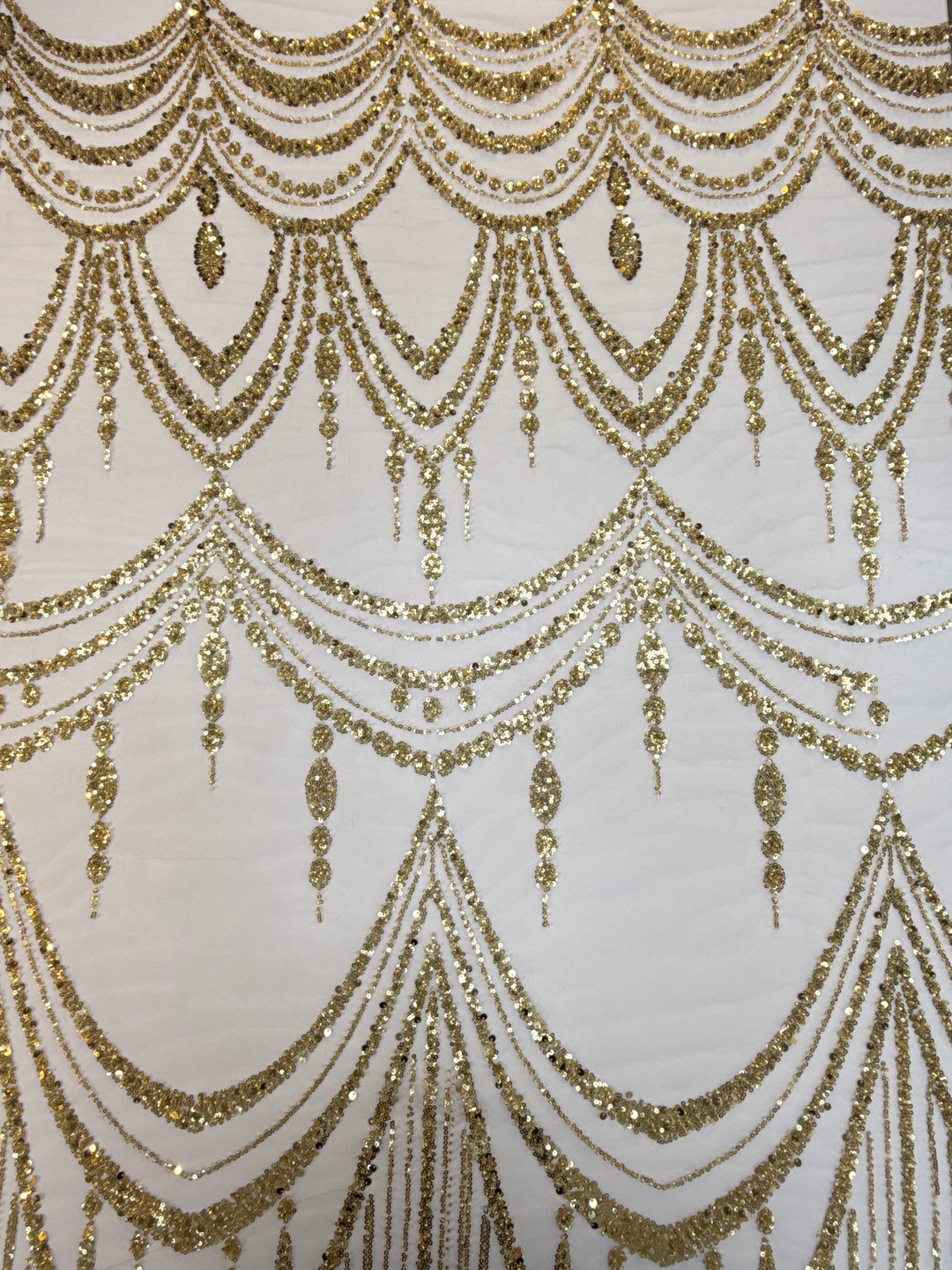 Luxury Gold Sequin Draped Embroidery Fabric – Haute Couture Bridal & Evening Wear (1 Piece = 5 Meter)
