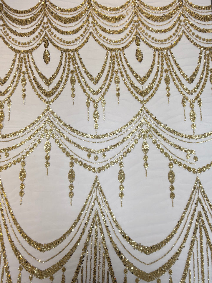 Luxury Gold Sequin Draped Embroidery Fabric – Haute Couture Bridal & Evening Wear (1 Piece = 5 Meter)