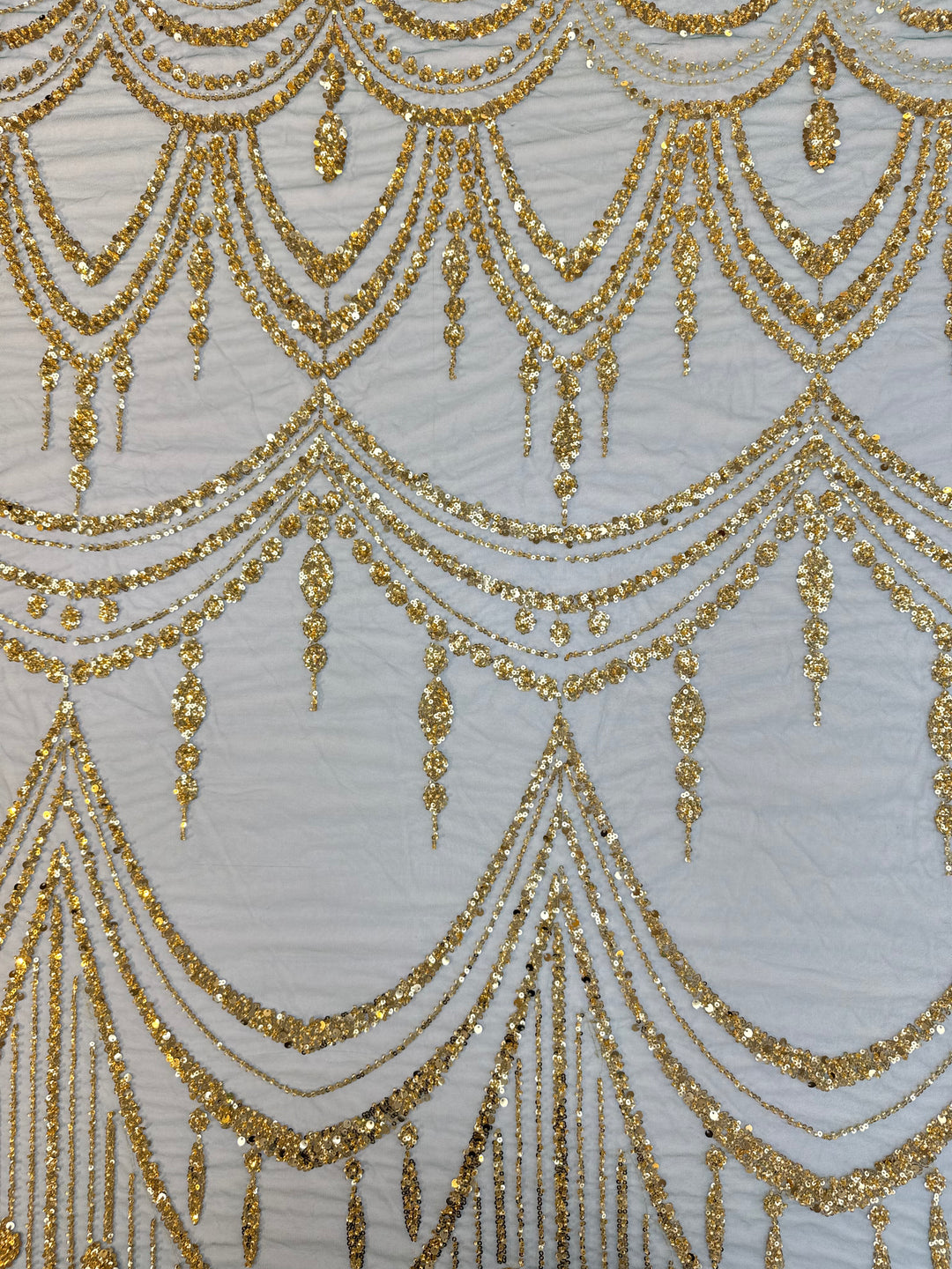 Luxury Golden Sequin Chandelier Embroidered Tulle Fabric – Couture Evening & Bridal Wear (1 Piece = 3.5 Meter)