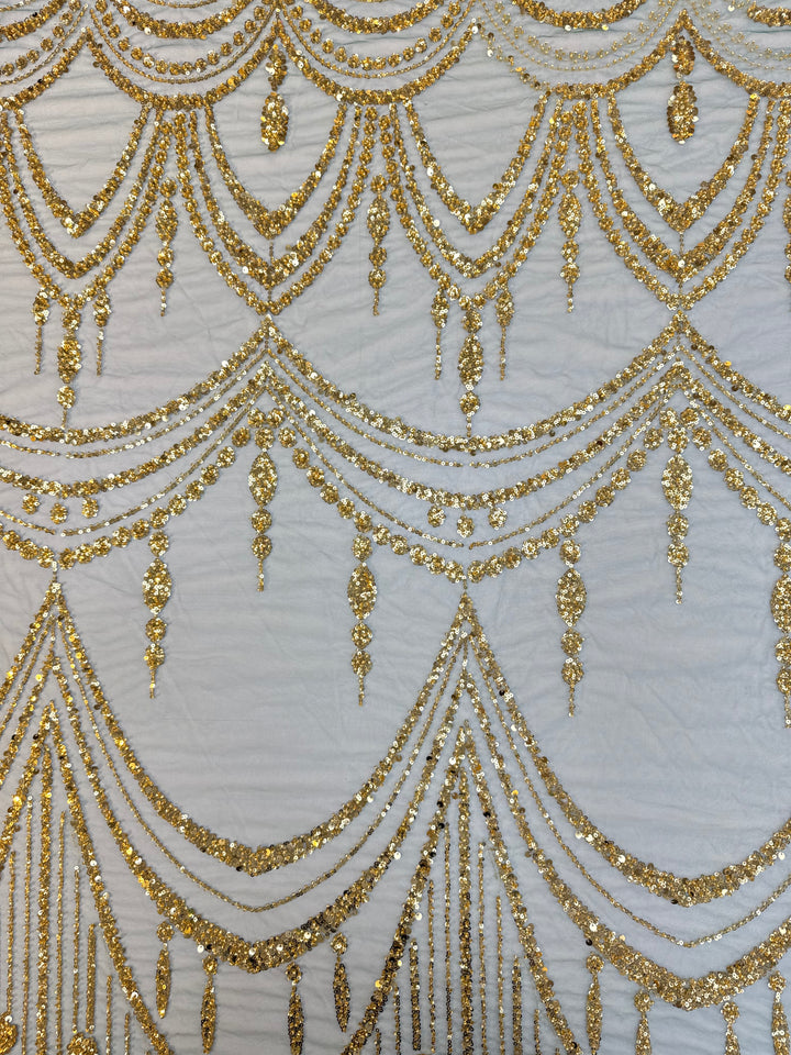 Luxury Golden Sequin Chandelier Embroidered Tulle Fabric – Couture Evening & Bridal Wear (1 Piece = 3.5 Meter)