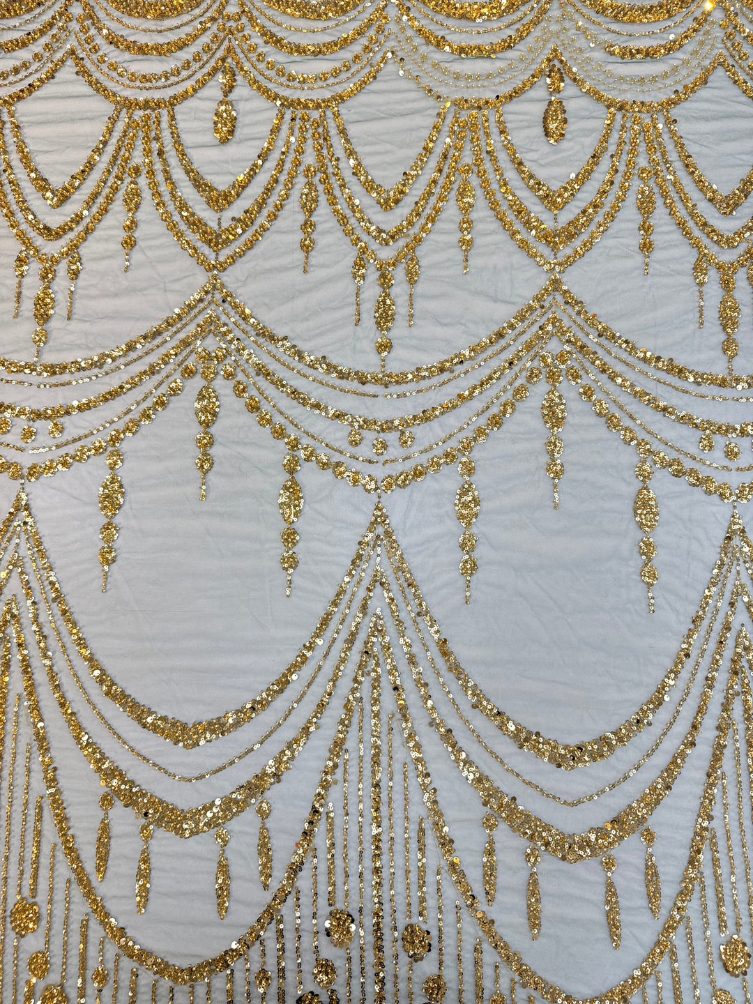 Luxury Golden Sequin Chandelier Embroidered Tulle Fabric – Couture Evening & Bridal Wear (1 Piece = 3.5 Meter)