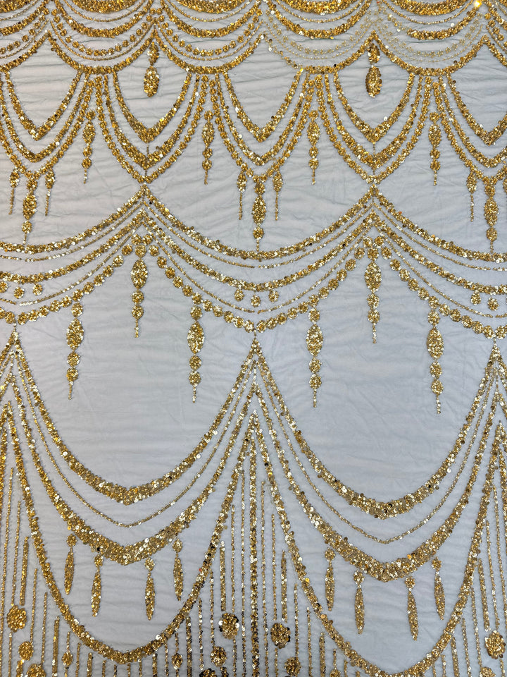 Luxury Golden Sequin Chandelier Embroidered Tulle Fabric – Couture Evening & Bridal Wear (1 Piece = 3.5 Meter)