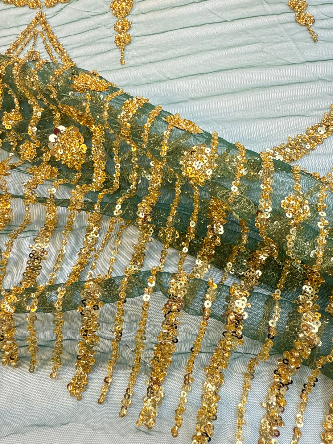 Luxury Golden Sequin Chandelier Embroidered Tulle Fabric – Couture Evening & Bridal Wear (1 Piece = 3.5 Meter)